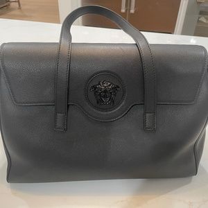 Versace Medusa Black Pebbled Leather Briefcase Shoulder Tote Handbag Purse